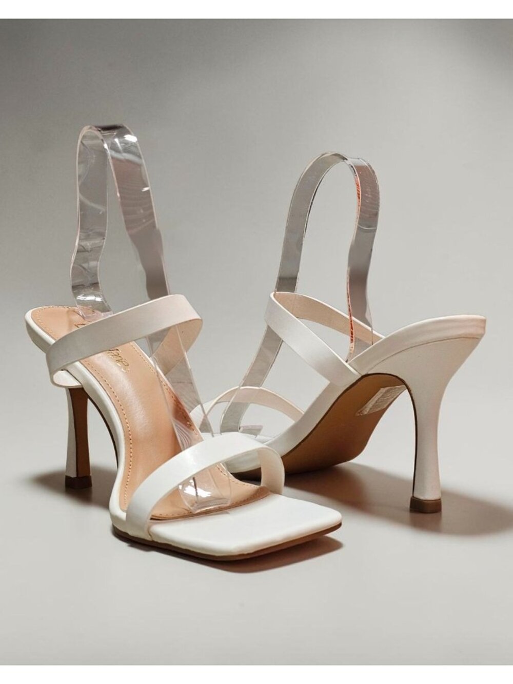 Square Toe White Strappy High Heel Sandals With Double Strap Design For Women - Picture 6 of 13